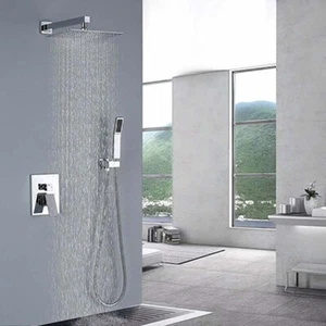 Chrome Brass Rainfall Shower Combo Set 8" Square Shower Head Tap W/Hand Shower  - Picture 1 of 8