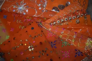 Paquete de 10" x 12"" naranja vintage Dupatta, telas, muestras con cuentas bordadas - Imagen 1 de 2