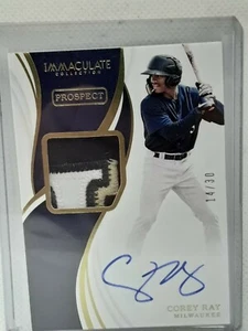 Corey Ray 2019 Immaculate Baseball - PATCH AUTO (14/30) - Milwaukee Brewers - Picture 1 of 2