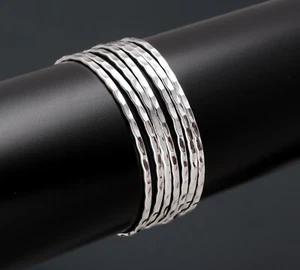 925 Sterling Silver Hammered Bangles Women Gift Jewelry 7 PC SET Elegant Bangles - Picture 1 of 4
