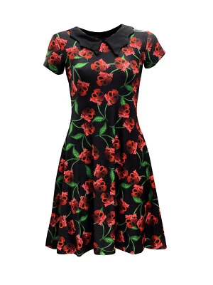 Gothic Cherry Skulls Alternative Print Collar Dress Rockabilly Halloween Party - Image 1 of 2