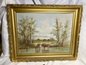 antique oil painting Cows Rivers Edge, Cottages, Orig. Gilt Frame 22.5 X 18” - Picture 1 of 5