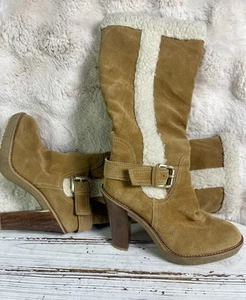 CLEANED 7.5 Michael Kors Derby Shearling Suede Camel Knee High Heel Boots - Picture 1 of 13