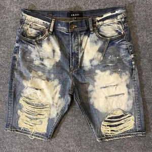 Pantalones Cortos de Jean AKOO Envejecidos Pintura Salpicaduras Rasgaduras Talla 38 Azul Hip Hop Urban City - Imagen 1 de 18