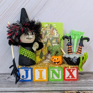 HALLOWEEN Decor On Vintage Blocks Witch Cauldron Jack o Lantern Cat JINX - Picture 1 of 10