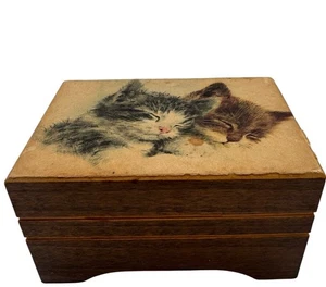 Vintage Reuge Wooden Kittens Music Box Cats Musical Switzerland Wood Hinged Lid - Picture 1 of 15
