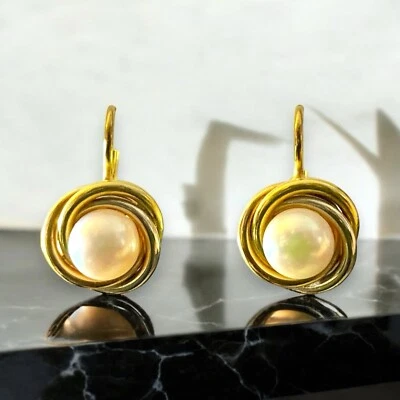 Vintage Multi Color 18k Gold Round White Pearl Euro Back Earrings - Image 1 of 4