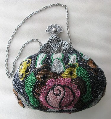 Cartera Hinchada Antigua Victoriana Plata Marco Filigrana Rosa Floral Multicolor Cuentas Foto 1 de 4