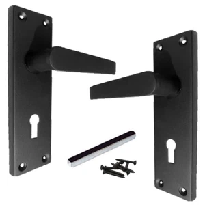 Viktorianisches Türgriffe mit geradem Hebelschloss MATTSCHWARZ Paar 150 x 43 mm Backplate - Bild 1 von 7