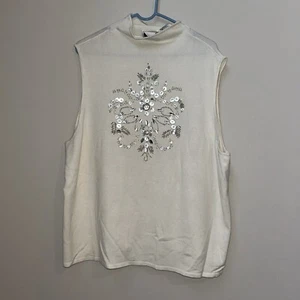 Marc Bouwer Übergröße 3X ärmelloses Strick Top Pullover creme Schneeflocke Pailletten NEU - Bild 1 von 8