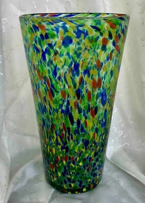 Jarrón grande de vidrio confeti soplado a mano de la década de 1990 - Marca Pontif ~ Diseño colorido Foto 1 de 4