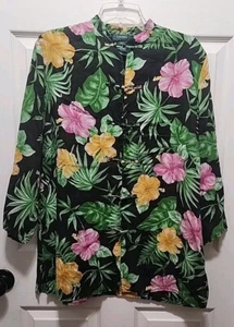 Lauren Ralph Lauren L Linen Tunic Floral Hibiscus Mandarin Collar 3/4 Sleeve Bea - Picture 1 of 7