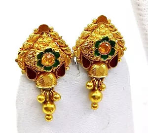 HANDMADE EARRING PAIR 20K YELLOW GOLD FILIGREE ANTIQUE ETHNIC ENAMEL JEWELRY IND - Picture 1 of 5