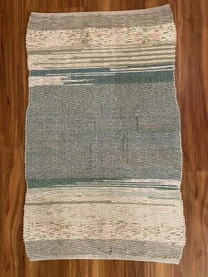 Vintage Handmade Rag Rug 46x28 Farmhouse Country Turquoise Green Gray Aqua White - Image 1 of 4