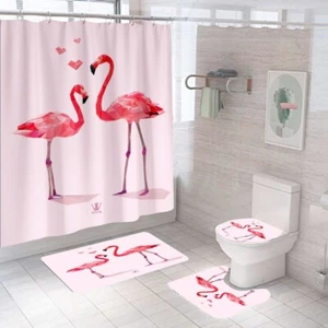 Flamingo Shower Curtain Set Bathroom Small Rug Floor Mat Toilet Cover Set - Picture 1 of 18