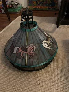 Large Stained Glass Tiffany Style Hanging Light w/ Carousel Horses Wrought Iron - Picture 1 of 9
