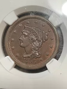 NGC MS65BN 1855 BRAIDED HAIR LARGE CENT BEAUTIFUL LIGHT BROWN COLOR UPRIGHT 55 - Picture 1 of 3
