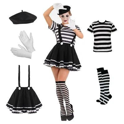Women Mime Artist Costume S - XL Ladies French Circus Carnival Dress Halloween - Image 1 of 4