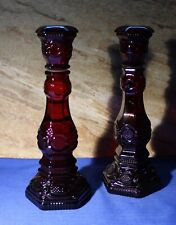 Pair Vintage Avon 1876 Cape Cod Ruby Red Collection Tall Candle Sticks