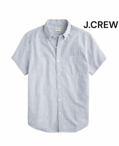 J Crew Organic Cotton Short Sleeve Seersucker Shirt in Stripe Men XL Blue White - Picture 1 of 9
