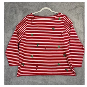 Talbots Plus 2X Christmas Holiday Holly Striped Embroidered Long Slv Top Tunic - Picture 1 of 7