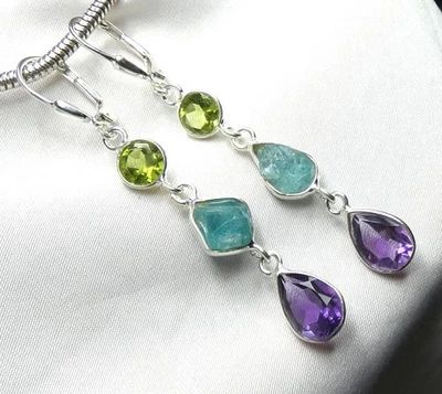 💫Ohrhänger 925 Silber Klappbrisur fac.  Peridot, Apatit & facettiertem Amethyst - Bild 1 von 4