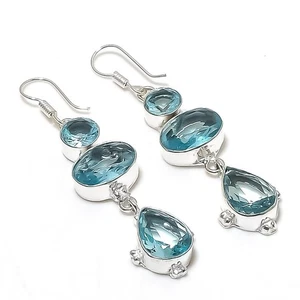 Aqua Aquamarine Gemstone Handmade 925 Sterling Silver Jewelry Earrings Size 2.5" - Picture 1 of 1