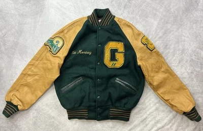 Chaqueta Letterman Meca Varsity Lana Cuero Talla M Verde Amarillo Foto 1 de 4