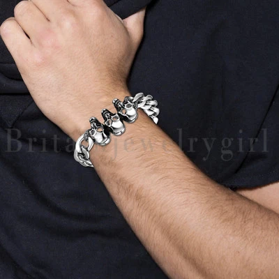 Brazalete de acero inoxidable pulido para motociclista calavera eslabón cadena brazalete para hombre 9" Foto 1 de 4