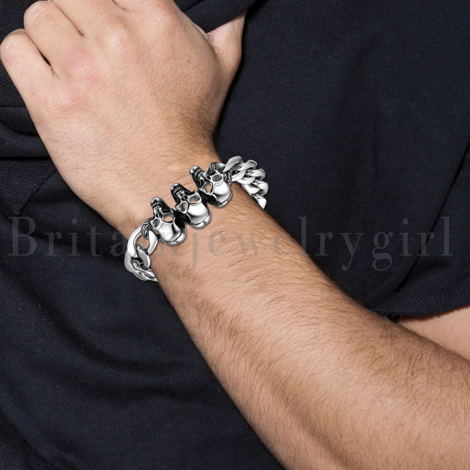 Brazalete de acero inoxidable pulido para motociclista calavera eslabón cadena brazalete para hombre 9" Foto 1 de 1