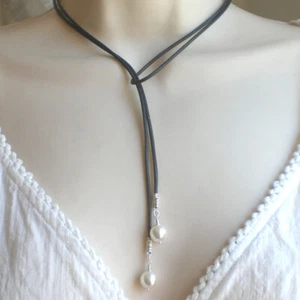 Wickelkette LEDERKETTE schwarz 925 Silber Y-Kette Muschelkern weiß Leder t796 - Bild 1 von 2