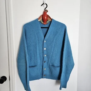 Vintage 60s Mohair Cardigan Cobain Sweater Grunge Fuzzy Men's Medium Blue - Picture 1 of 10