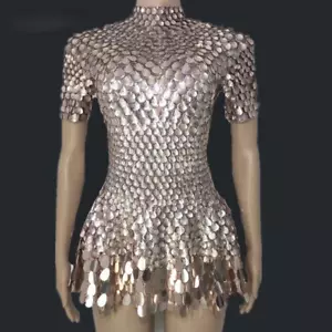 Sexy Seashell Shaped Sequin Mini Dress Gold Mermaid DJ Festival Stage Singer - Picture 1 of 7