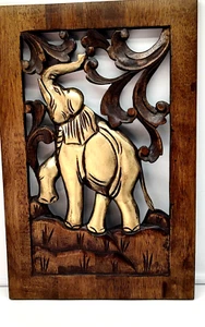 Vintage Thailand Carved Teak Wood Wall Hanging Panel Gold Elephant - Picture 1 of 8