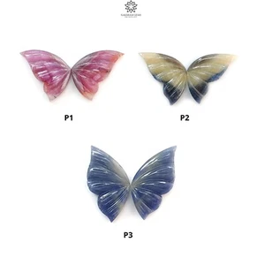 Par de mariposas talladas a mano de piedras preciosas de zafiro rosa, azul natural sin tratar - Imagen 1 de 16