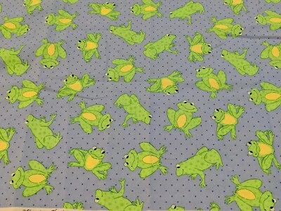 Polka Dotted Green Frogs On Blue Polka Dot Cotton Fabric (Oakhurst Textiles) - Image 1 of 3