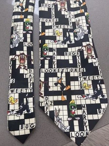 Vintage Looney Tunes Neck Tie Men Black Crossword Puzzle 1997 Bugs Bunny Taz 63” - Picture 1 of 5