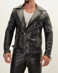 Herren Echt Rindsleder Splitter Nieten Biker Jacke Brando Biker Jacke - Bild 1 von 8