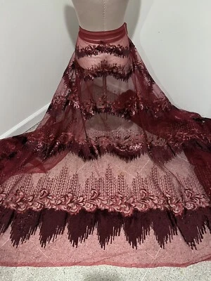 Burgundy sequins Embroidery Lace Fabric 50” Width Sold By The Yard - Image 1 of 4