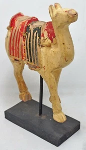 Hand Carved Hard Wood Camel Figurine Statue on Stand Rustic Painted - Picture 1 of 8