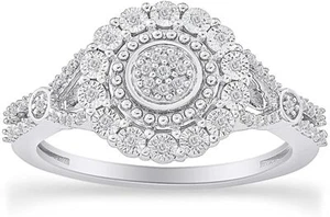 1/10 Ct Round Cut Natural White Diamond Frame Rg 14K White Gold Plated Silver - Picture 1 of 11