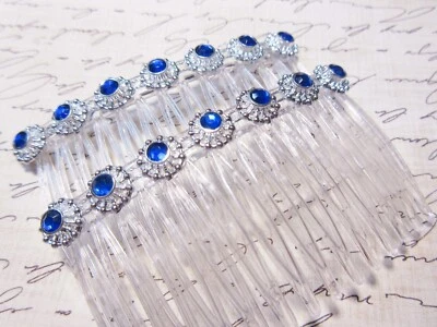 Aztec Silver Circles Blue Rhinestones Holiday side hair comb pair Light and easy - Image 1 of 4