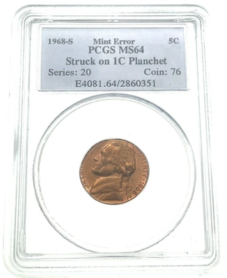 1968-S 5C Jefferson Nickel Struck on 1C Planchet Mint Error PCGS MS64 - Image 1 of 4