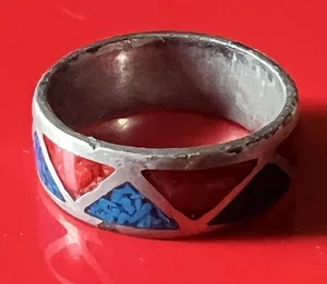 Vintage Navajo Chip Inlay Ring Silver Turquoise & Coral size 10 Western Style - Picture 1 of 7