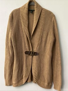 Cardigan medio Lauren Ralph Lauren misto cotone fibbia cammello - Foto 1 di 4