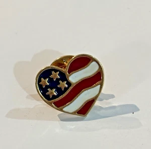 American Flag USA Heart Gold Tone Vintage Lapel Pin Red White Blue Vintage - Picture 1 of 3
