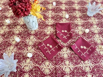 AGHABANI Embroidered TABLECLOTH Gold Burgundy Silk on Burgundy 156 x 78” Approx. - Image 1 of 4