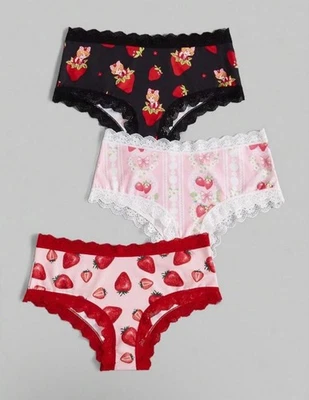 Calcinha ROMWE X morango shortcake 3 peças roupa íntima acabamento em renda y2k Kawaii Lolita - Imagem 1 de 4