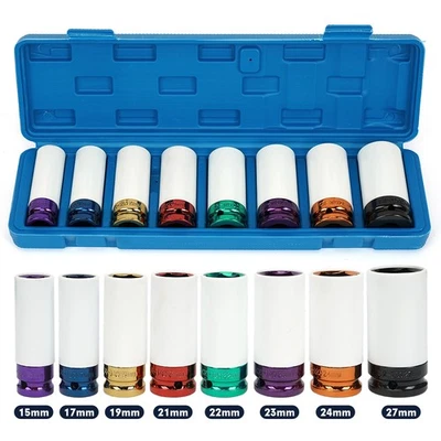 8Pcs Alloy Wheel Nut Socket Thin Wall Deep Impact Socket Set 1/2"drive 15-27mm - Image 1 of 4