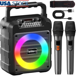 Portable Bluetooth Karaoke Machine W/ Dual Wireless Mics HD Sound RGB Lights New - Picture 1 of 8